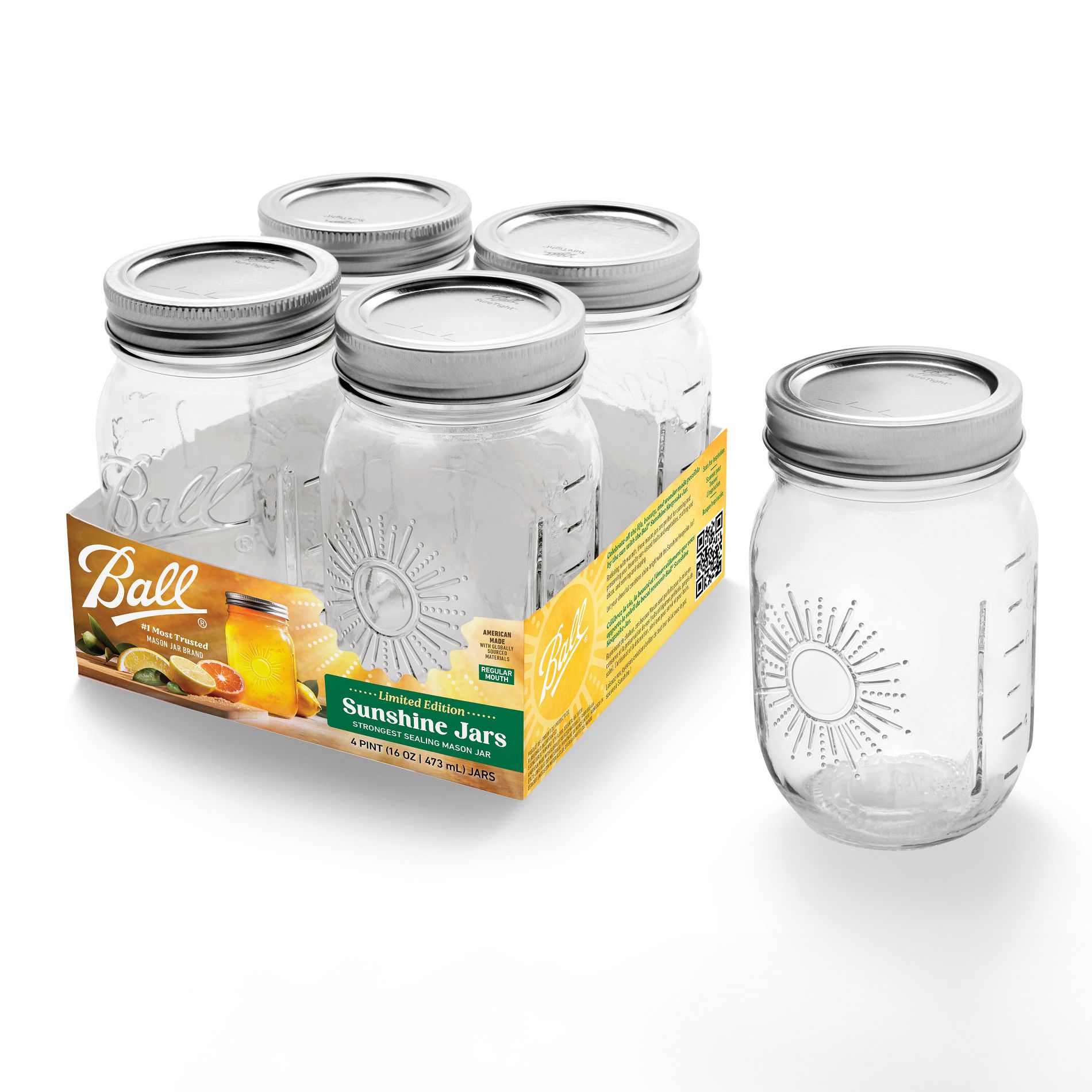 Ball 16oz 4pk Glass Regular Mouth Mason Jar with Band and Lid Sunshine