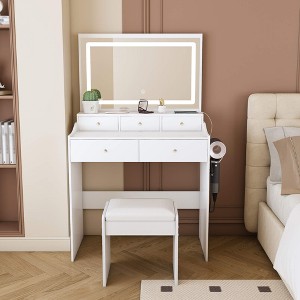 ORRD White Modern Vanity Desk with Mirror – 5 Drawers, Power Outlet, Hair Dryer Holder, 3-Color Lighting - 1 of 4