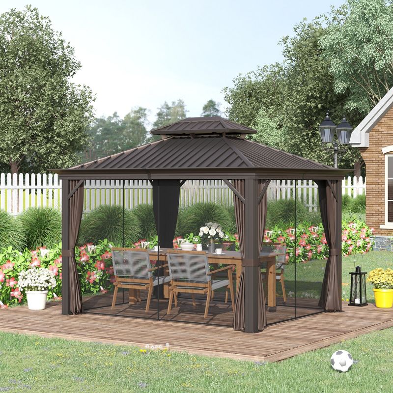 Outsunny Patio Gazebo, Netting & Curtains, 2 Tier Double Vented Steel Roof, Hardtop, Ceiling Hooks, Rust Proof Aluminum, 2 of 7