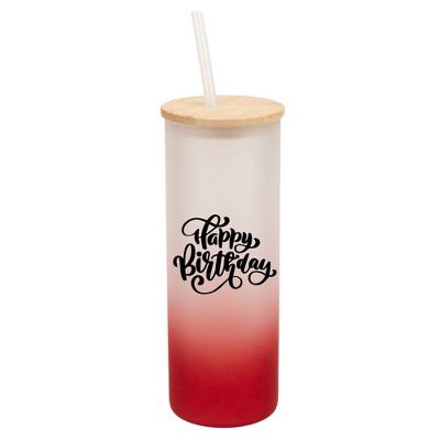 Elanze Designs Happy Birthday Cake with Bows Wrap-Around Design 25 Ounce Frosted Gradient Glass On-The-Go Coffee Travel Skinny Tumbler Mug Cup, Bamboo
