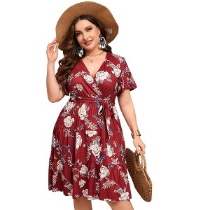 Plus Size Women's V Neck Short Sleeve Dress with Belt Flowy Casual Summer Day Dress - 1 of 4