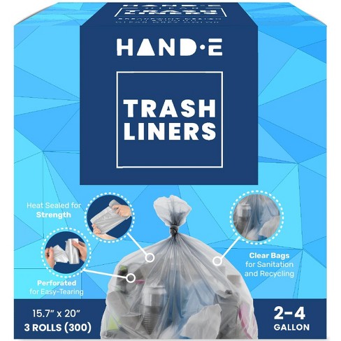 Hand-E Small Trash Can Liners, 300 Count - 4 Gallon Garbage Liners - 22  Microns Thick, Gray Transparent