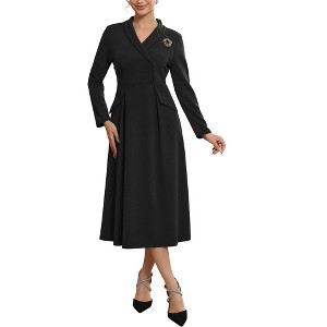 INSPIRE CHIC Women's Shiny Floral Brooch Shawl Collar V Neck Long Sleeve A-Line Midi Dress - 1 of 4