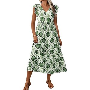 Coolmee Women's Summer Dresses Casual Short Sleeve V Neck Dresses Flowy A  line Tiered Boho Beach Midi Dress Green XL : Target