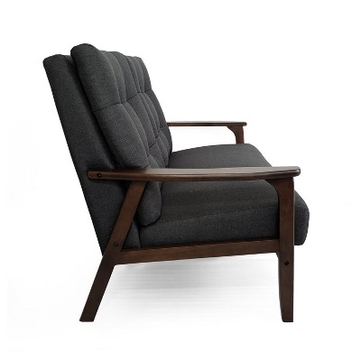 Mid-Century Black Tufted Fabric Loveseat with Walnut Wood Frame