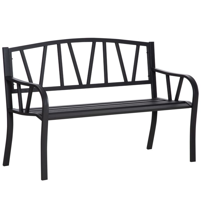 Outsunny Metal Garden Bench, Black Outdoor Bench for 2 People, Park-Style Patio Seating Decor with Armrests & Backrest, Black, 1 of 9