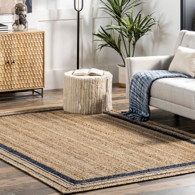 Handmade Natural Jute Area Rug with Navy Border