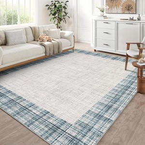 Modern Bordered Striped Runner Rug - Washable Stain Resistant Throw Carpet with Non-Slip Backing Low Pile Floor Cover for Hallway Laundry Bedroom - 1 of 4