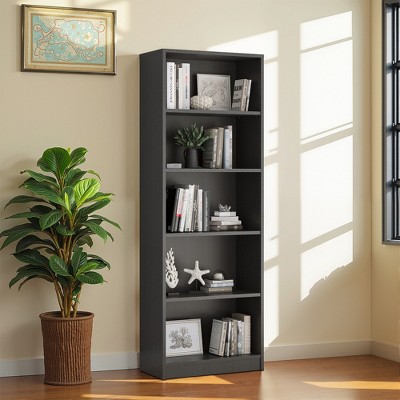 MAYEERTY Freestanding 5-Shelf Wood Bookshelf with Adjustable Shelves for Home Office, Gray