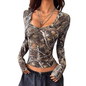 Women's Camo Print Crew Neck Crop Top Long Sleeve Fitted Tee Shirts - 1 of 4