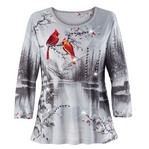 Collections Etc Sequin Detailed Snowy Lake and Cardinals 3/4 Length Sleeve Top - 1 of 4