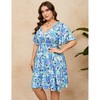 Women's Plus Size Boho Floral V Neck Ruffle Short Sleeve Dress Elastic High Waist A Line Dress - 3 of 4