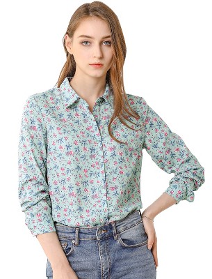 Allegra K Women's Point Collar Long Button Sleeve Button Down Floral Shirt
