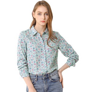 Allegra K Women's Point Collar Long Button Sleeve Button Down Floral Shirt - 1 of 4