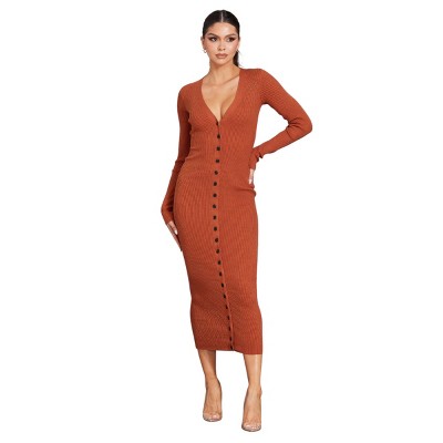 Slickblue Cognac Button Front Bodycon Dress with V Neckline and Thumbhole Sleeves, Chic and Stylish Fit, Size S/M