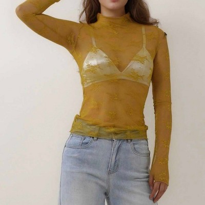 Women’s Floral Lace Slim-Fit Top – Sheer Stretch Tee with Baby Overlock Edge, Sexy & Versatile Cherie Code