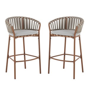 Set of 2 Outdoor Bar Stools, Metal Outdoor Bar Stools with Teak Finish Frame and Rope Back, Patio Bar Stools with Cushion for Balcony-Koiai - 1 of 4