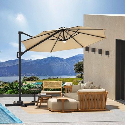 Large Cantilever Patio Umbrella, 10' X 10' Heavy Duty Large Aluminum Outdoor Umbrella with Solar LED Lights & Weighted Base, 360° Rotation