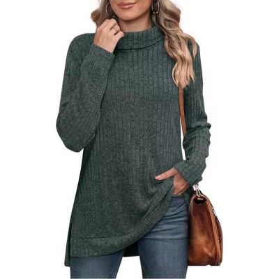 Women's Pullover Sweaters Turtle Neck Long Sleeve Sweater with Side Slit Ribbed Texture Knit Pullover for Women