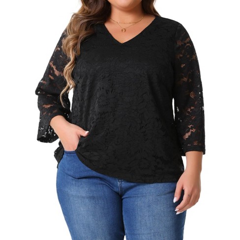 Agnes Orinda Women's Plus Size Lace 3/4 Sleeve Casual V Neck Dressy Blouse - image 1 of 4