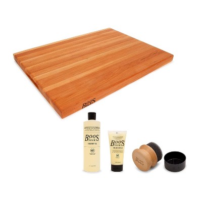 John Boos Reversible 24 x 18" Cherry Wood Cutting Board Block with Handles, Bundle with 3 Piece Wood Cutting Board Care and Maintenance Set