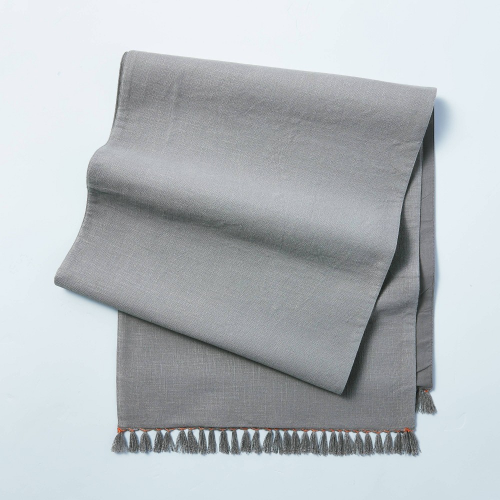 Contrast Edge Stitch Oversized Table Runner with Fringe Gray - Hearth & Hand with Magnolia