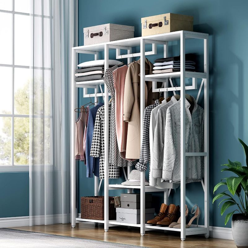 Tribesigns Freestanding Closet Organizer, Industrial 3 Rod Garment Rack with 4-tier Storage Shelf for Hanging Clothes and Storage, 2 of 9