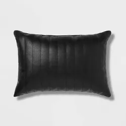 Oblong Faux Leather Channel Stitch Decorative Throw Pillow Black - Threshold™