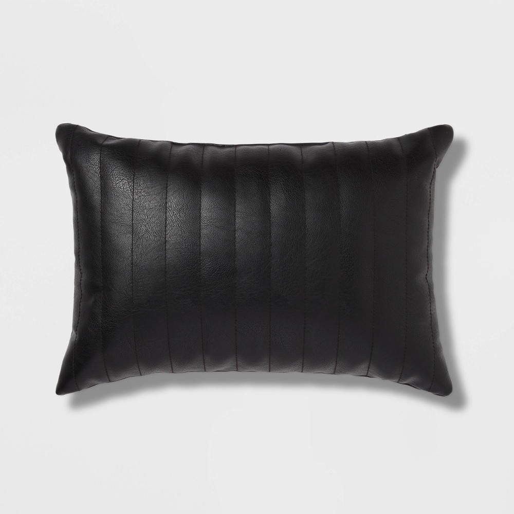 Photos - Pillow Oblong Faux Leather Channel Stitch Decorative Throw  Black - Threshold™: Indoor Rectangle Cushion, Polyurethane & Cott