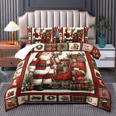 Vintage style Santa Claus Quilt set, eaturing Santa Claus and reindeer patterns,providing warmth and comfort, suitable for winter use