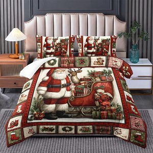 Vintage style Santa Claus Quilt set, eaturing Santa Claus and reindeer patterns,providing warmth and comfort, suitable for winter use - 1 of 4