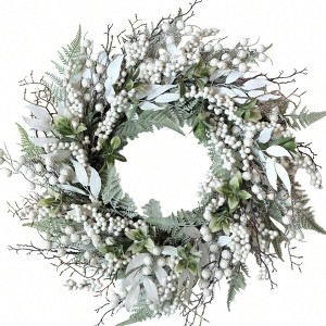 24 - Inch White Wreath Front Door Rustic Farmhouse Winter Wreath White Berry Fir Pine Needle Indoors Outdoors Porches - 1 of 4