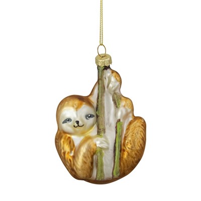 Northlight 4" Brown and Gold Sloth with Bamboo Glass Christmas Ornament