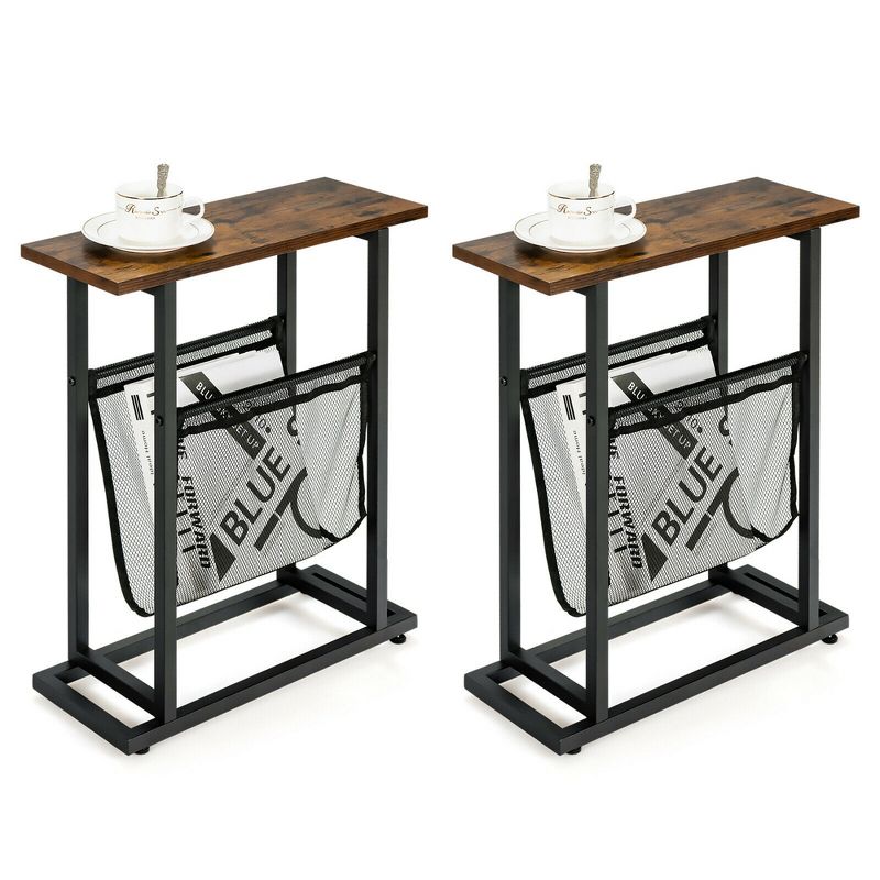 Costway 2PCS Industrial End Side Table Nightstand with Mesh Holder Rustic Brown, 1 of 11