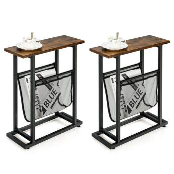 Costway 2PCS Industrial End Side Table Nightstand with Mesh Holder Rustic Brown