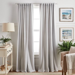 95"x50" Martha Stewart 2pk Ticking Striped 95" Back Tab Black Lined Blackout Curtain Panel Gray - 1 of 4