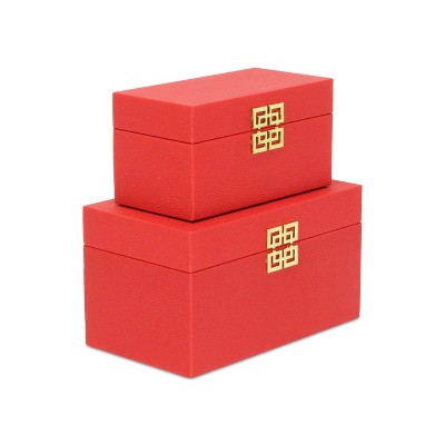 Cheung's Halona Set of 2 Double Happiness Shagreen Boxes - Red