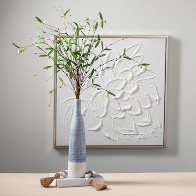 Embossed White Flower Canvas Wall Art with Silver Frame, 27.5"