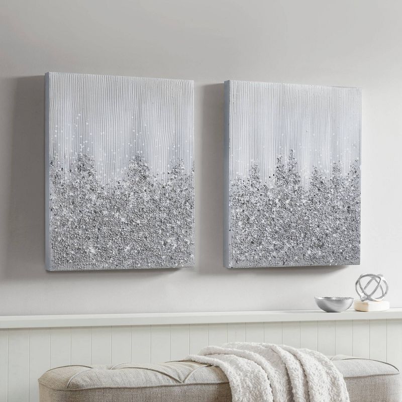 2pc Glimmer 100% Hand Brushed Heavy Textured Glitz Embellished Wall Canvas Set Silver - Madison Park, 1 of 12