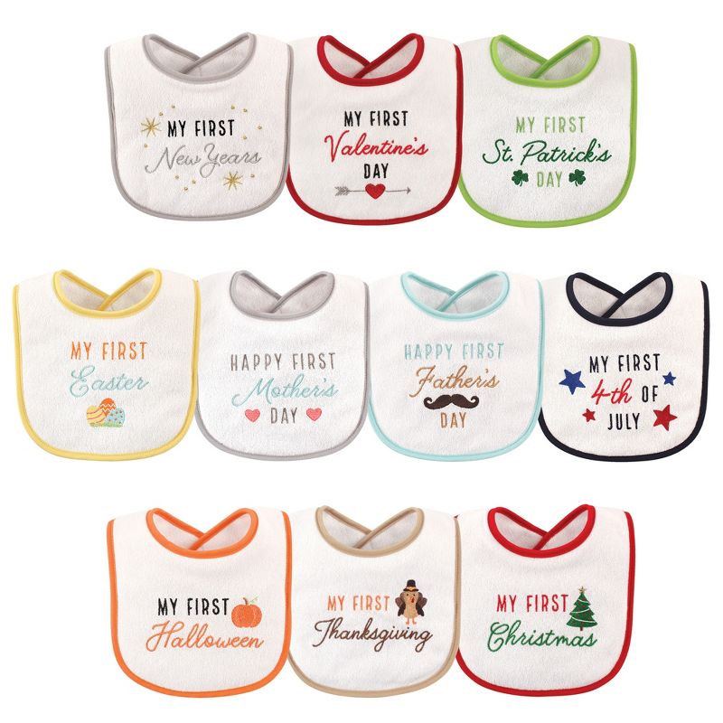 Hudson Baby Infant Cotton Terry Drooler Bibs with Fiber Filling 10pk, Neutral Holiday, 1 of 7