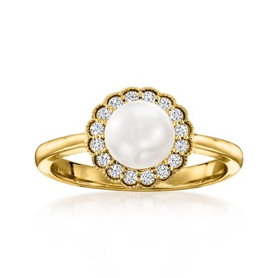 Ross-Simons 6.5-7mm Cultured Pearl and .19 ct. t.w. Diamond Ring in 14kt Yellow Gold