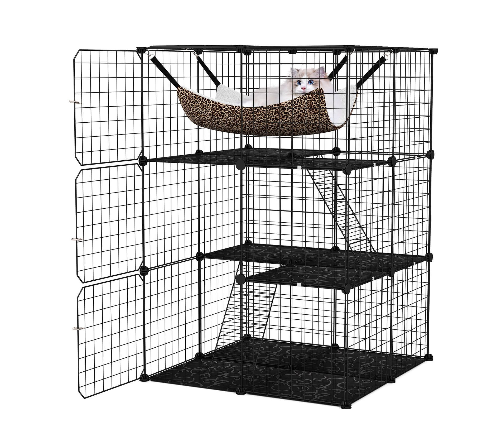 Costway 3 Tier Cat Enclosure with Comfy Hammock, 2 Ladders, 3 Doors & 1 Sky Window