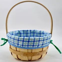 Round Wooden Decorative Easter Basket with Blue Plaid Pattern Liner - Spritz™