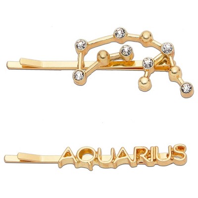 Zodaca 2 Pack Aquarius Zodiac Hair Pins, Rhinestone Barrettes, Decorative Hair Clips, Cute Hair Accessories for Women Girls (Gold)