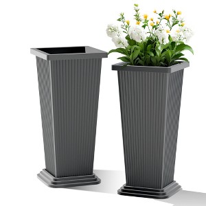 TOAOTBNBO Tall Planters Set of 2, Durable Planter with Vertical Stripes, Porch Plants with Drainage Holes and Bottom Tray - 1 of 4