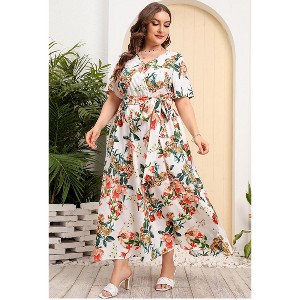 Plus Size Womens Dress Loose Fit V Neck Elastic Waist Short Sleeve Printed Maxi Dress - 1 of 4