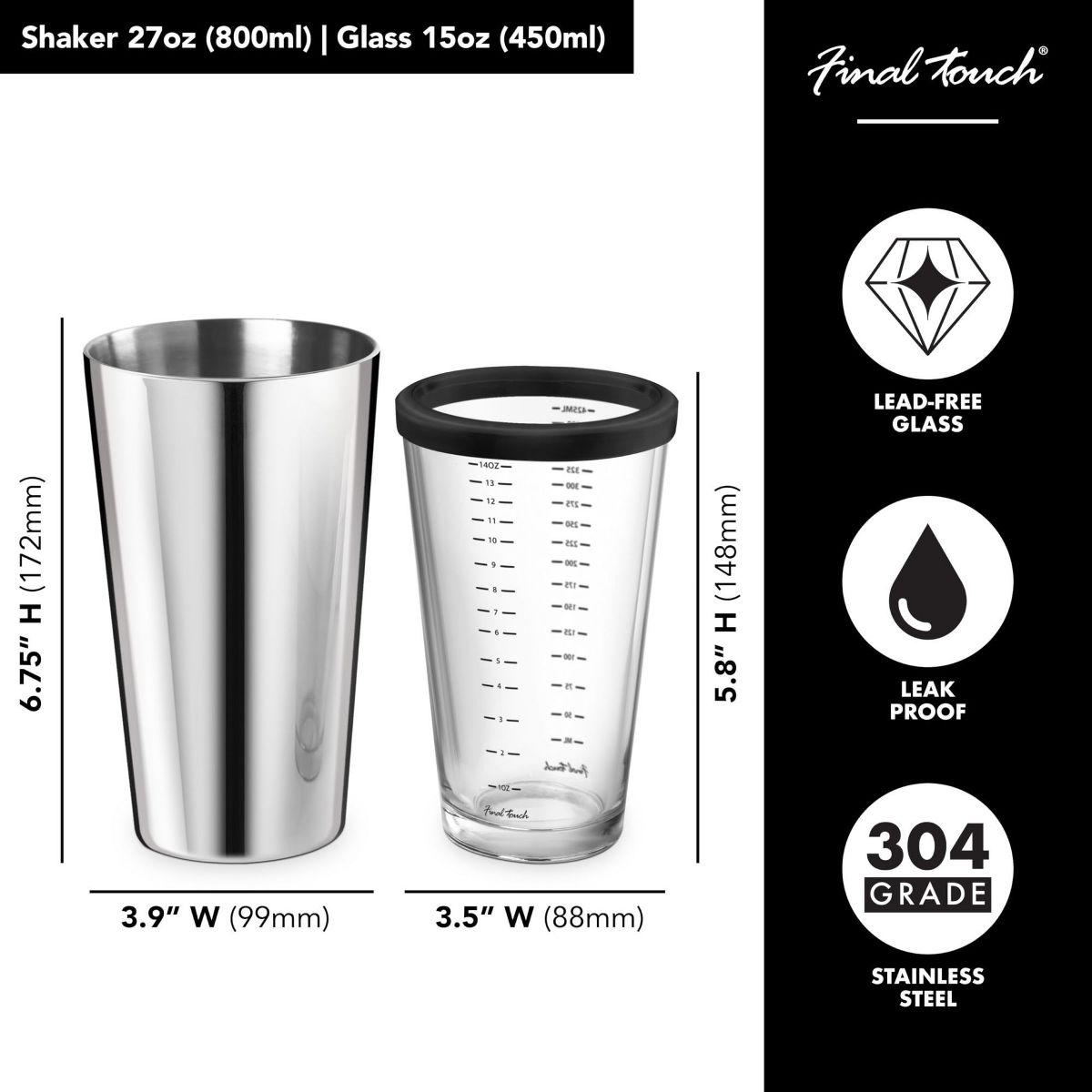 Final Touch Double-Wall Boston Shaker Set - Stainless Steel Mixing Glass with Silicone Seal - BPA-Free, Compact Storage - Leak-Proof Design - thumbnail 2
