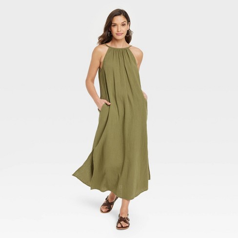 Women's Short Sleeve Shirtdress - Universal Thread Olive Green XS 