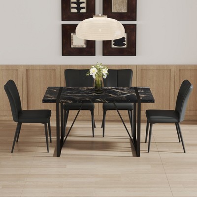5-Piece Dining Set with Marble Pattern Table and 4 PU Armless Chairs