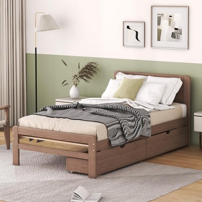 Twin Bed with 2 Trundle Storage Drawers, Platform Bed Frame with Headboard for Bedroom Small Living Space, No Box Spring Needed